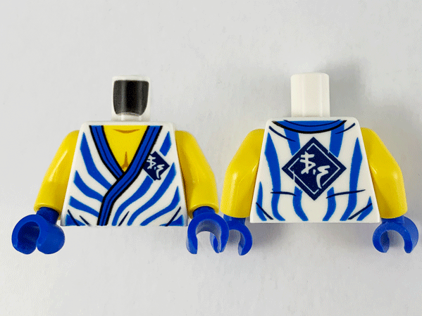 Torso Tunic, Yellow Chest, Blue Hem, Stripes and Ninjago Logogram 'VS' in Dark Blue Diamond Pattern / Yellow Arms / Blue Hands