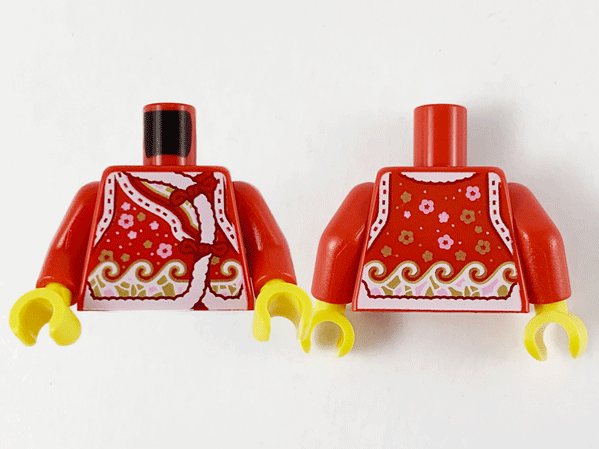 Torso Qipao with White Hems, Bright Pink Flowers and Gold Waves Pattern / Red Arms / Yellow Hands