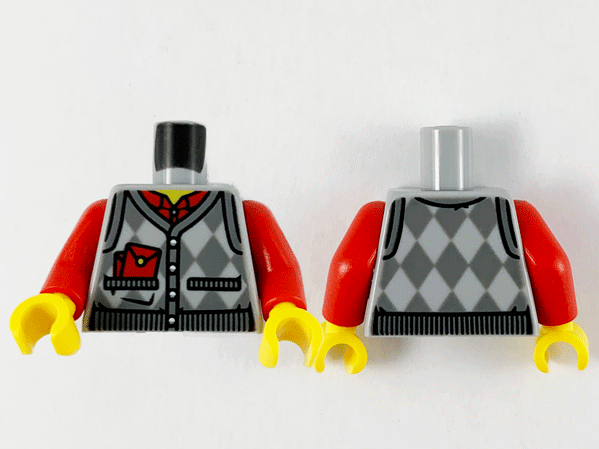 Torso Argyle Sweater Vest, Red Shirt and Envelopes, Dark Bluish Gray Hems and Patches Pattern / Red Arms / Yellow Hands