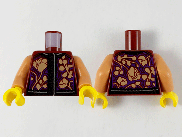 Torso Vest, Silver and Black Trim, Tan Roses, Leaves and Dark Purple Outlines Pattern / Nougat Arms / Yellow Hands