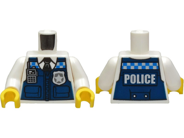 Torso Dark Blue Vest over Shirt and Black Tie, Blue and Silver Checkered Stripe, Radio, Badge and 'POLICE' Pattern / White Arms / Yellow Hands