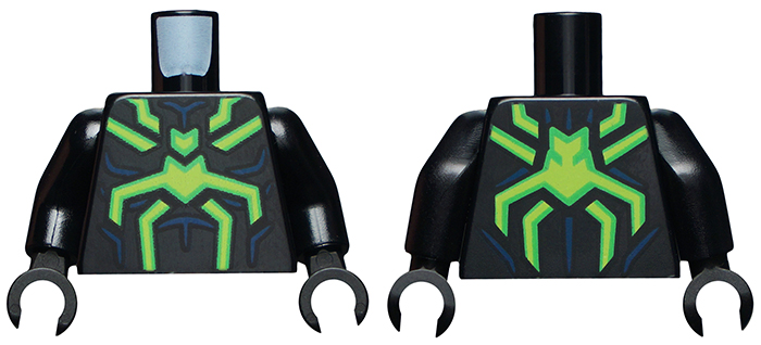 Torso Spider-Man Costume, Bright Green and Lime Spider and Dark Blue Muscles Outline Pattern / Black Arms / Black Hands