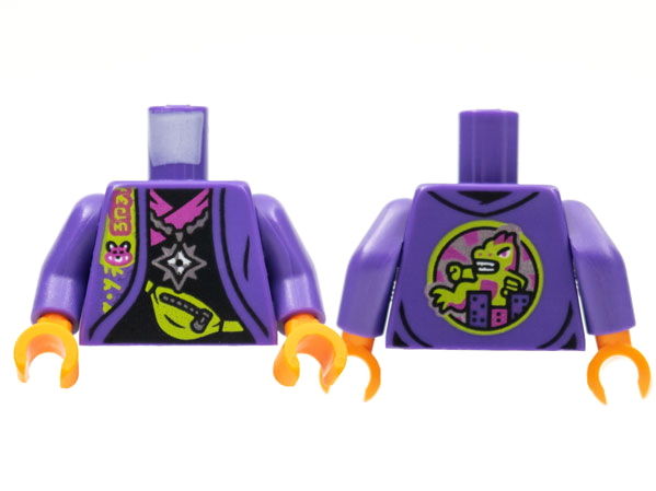 Torso Jacket Black Shirt with Magenta Hem, Silver Star Pendant, Lime Pouch with Zipper, Monster on Back Pattern / Dark Purple Arms / Orange Hands