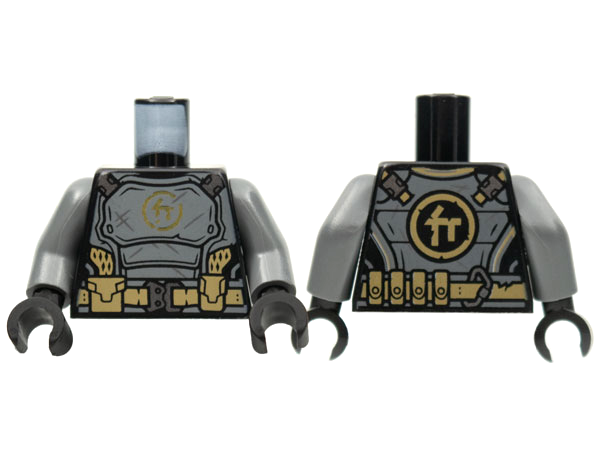 Torso Dark Bluish Gray Breastplate, Gold Ninjago Logogram Letter C, Dark Tan Utility Belt Mesh Pattern / Dark Bluish Gray Arms / Black Hands
