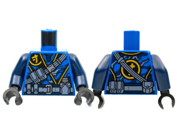 Torso Tunic, Yellow Ninjago Logogram Letter J, Dark Bluish Gray Belts and Pouches Pattern / Dark Blue Arms / Black Hands