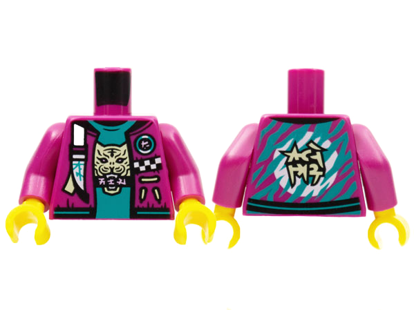 Torso Jacket with White Strap and Checkered Badge, Dark Turquoise Shirt with Tan Tiger Head, Stripes and Circle on Back Pattern / Magenta Arms / Yellow Hands