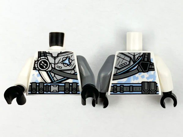 Torso Armor Silver with Ninjago Logogram Letter Z, Dark Bluish Gray Strap and Utility Belt Pattern / Flat Silver Arm Left / White Arm Right / Black Hands