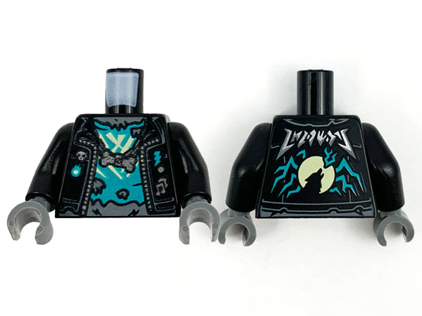 Torso Biker Jacket, Dark Turquoise and Pearl Dark Gray Trim, Dark Turquoise Tattered Shirt, Bone Pendant Pattern / Black Arms / Dark Bluish Gray Hands