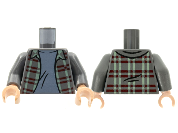 Torso Flannel Shirt with Dark Red and Sand Green Stripes over Sand Blue T-Shirt Pattern / Dark Bluish Gray Arms / Light Nougat Hands
