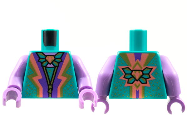 Torso Jewel Brooch, Gold Zipper and Sparkles, Coral and Dark Purple Lightning Stripes Pattern / Medium Lavender Arms / Medium Lavender Hands