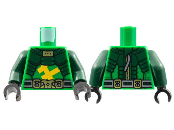 Torso Dark Green Armor, Gold Buckle, Bright Light Orange Ninjago Logogram Letter L Pattern / Dark Green Arms / Black Hands
