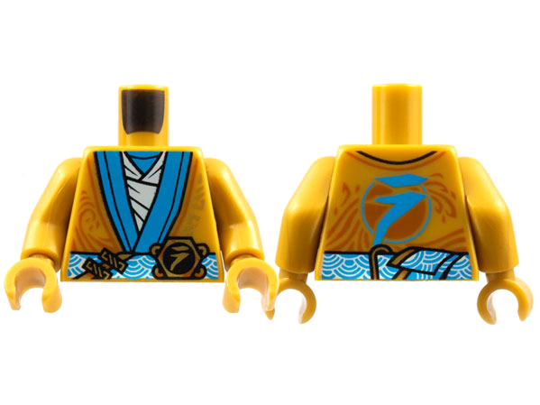Torso Robe, Dark Azure Hems and Sash, Tan Tunic, Ninjago Logogram Letter N Pattern / Pearl Gold Arms / Pearl Gold Hands