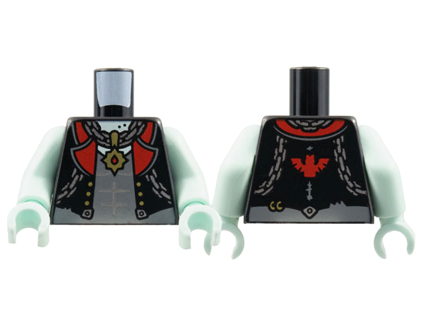 Torso Vest with Red Lapels, Dark Bluish Gray Shirt, Silver Chains, Gold Pendant, Bat on Back Pattern / Light Aqua Arms / Light Aqua Hands