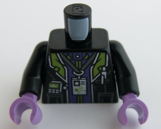 Torso Black Lab Coat with Dark Bluish Gray Pockets and Silver Trim with ID Card on Lanyard, Dark Purple and Lime Undershirt Pattern / Black Arms / Medium Lavender Hands
