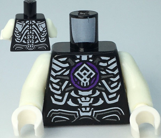 Torso Monkie Kid Skeleton, Ribs with Silver Accents and Dark Purple Plate on Chest Pattern / Glow In Dark White Arms / White Hands