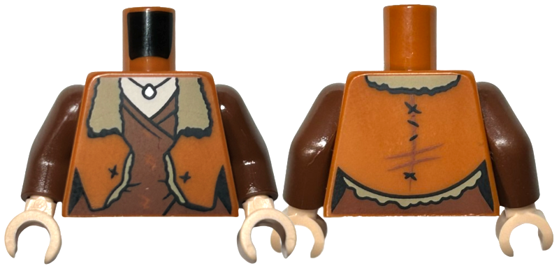 Torso Jacket Open with Dark Tan Fur Lining over Reddish Brown Layered Shirt, Silver Pendant Necklace, Light Nougat Neck Pattern / Reddish Brown Arms / Light Nougat Hands