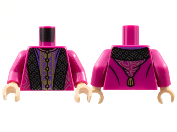 Torso Robe with Hood, Black and Dark Purple Panels, Ornate Silver and Gold Stitching, Metallic Pink Collar Pattern / Magenta Arms / Light Nougat Hands