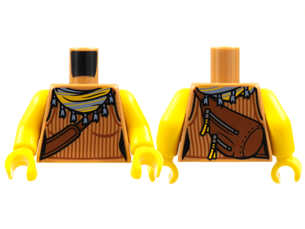 Torso Female Tank Top with Reddish Brown Ribbing and Shoulder Bag, Sand Blue Scarf with Tassels, Yellow Stripes Pattern / Yellow Arms / Yellow Hands