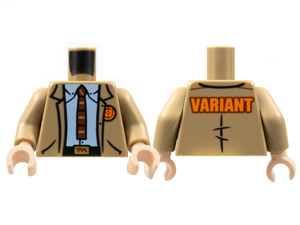 Torso Jacket, TVA Badge and Buckle, Light Bluish Gray Shirt, Reddish Brown Tie, Orange 'VARIANT' on Back Pattern / Dark Tan Arms / Light Nougat Hands