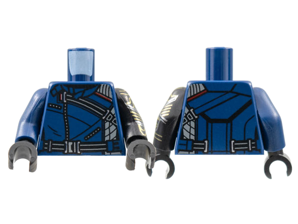 Torso Jacket Black Strap, Zippers, and Belt Pattern / Black Arm Left with Gold and Silver Circuitry Pattern / Dark Blue Arm Right / Black Hands