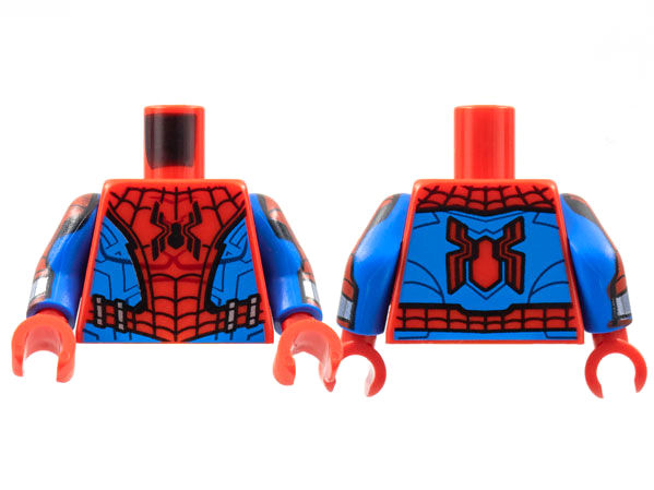 Torso Armor, Center Panel with Black Spider and Webbing, Blue Side Panels Pattern / Blue Arms with Red Armor, Silver Cuff Pattern / Red Hands