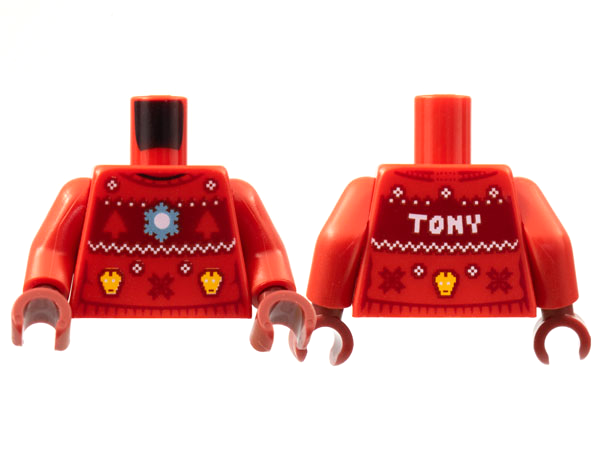 Torso Knit Fair Isle Holiday Sweater with Yellow Iron Man and White Zigzag, Snowflake and 'TONY' on Dark Red Background Pattern / Red Arms / Dark Red Hands