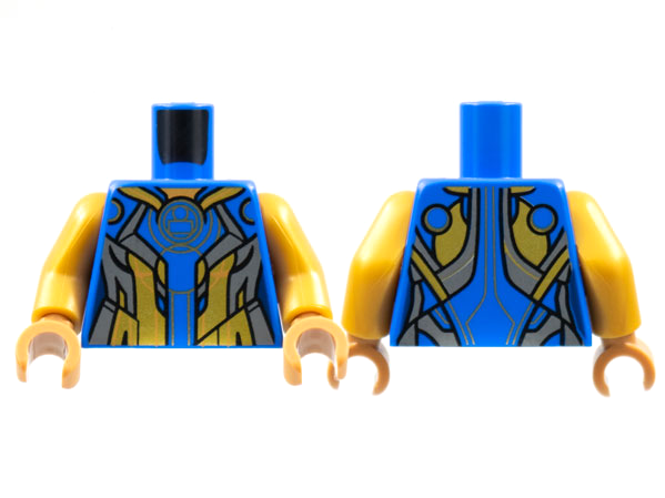 Torso Female Armor, Dark Bluish Gray and Gold Panels, Gold Outline Circle Pattern / Pearl Gold Arms / Medium Nougat Hands