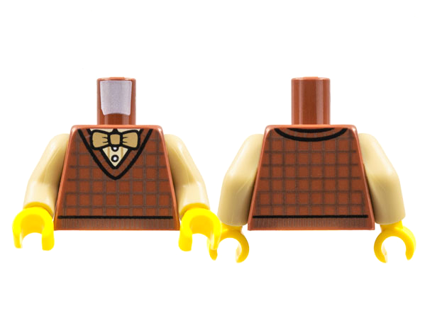 Torso Cardigan Sweater, Dark Brown Crisscross Stripes, White Shirt, Tan Bow Tie Pattern / Tan Arms / Yellow Hands