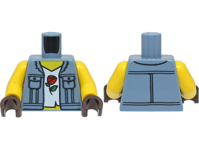 Torso Denim Vest with Pockets, White Shirt, Red Rose Pattern / Yellow Arms / Dark Brown Hands