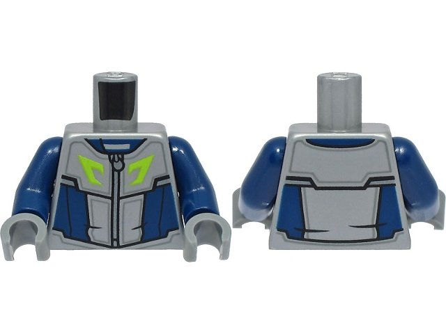Torso Racing Suit, Dark Blue Panels, Silver Zipper, Lime Logo Pattern / Dark Blue Arms / Dark Bluish Gray Hands