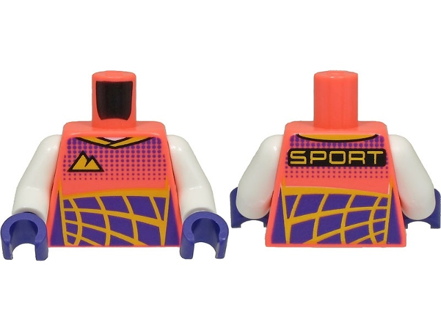 Torso Racing Suit, Bright Light Orange Mountains Logo, Dark Purple Dots and Panels, 'SPORT' on Back Pattern / White Arms / Dark Purple Hands