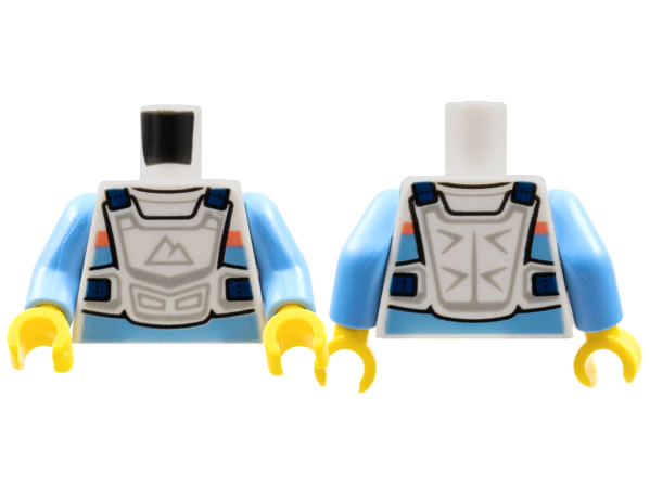 Torso Racing Suit, Bright Light Blue and Coral Stripes, White Chest Protector, Sport Mountains Logo Pattern / Medium Blue Arms / Yellow Hands