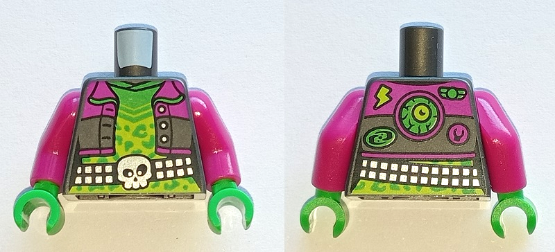Torso Female Short Jacket Open with Buttons and Magenta Collar over Lime Shirt with Bright Green Rosettes, Silver Studded Belt with Skull Buckle, Monster Eye and Patches on Back Pattern / Magenta Arms / Bright Green Hands