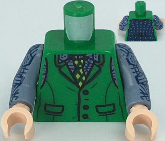 Torso Batman Vest, Sand Blue Shirt, Dark Green and Lime Tie Pattern (Joker) / Sand Blue Arms with Dark Blue Hexagons Pattern / Light Nougat Hands