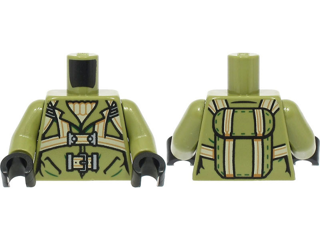 Torso Jacket over Tan Sweater, Harness and Belt with Buckle, Parachute Pack on Back Pattern / Olive Green Arms / Black Hands