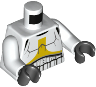 Torso SW Armor Stormtrooper, Detailed Armor with Yellow Marking without Shoulder Belts, Black Backpack with White Cylinders on Back Pattern / White Arms / Black Hands