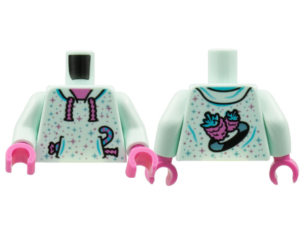 Torso Hoodie, Dark Pink Neck and Strings, Metallic Pink and Blue Stars, Candy, Pineapples and Record Back Pattern / Light Aqua Arms / Dark Pink Hands