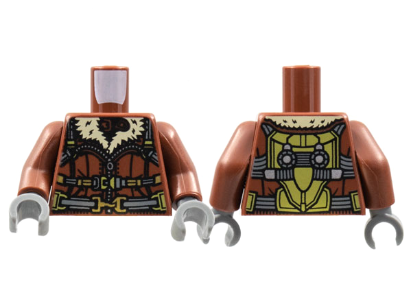 Torso Bomber Jacket, Tan Fur Collar, Dark Bluish Gray Straps with Gold Clasps Pattern / Reddish Brown Arms / Dark Bluish Gray Hands