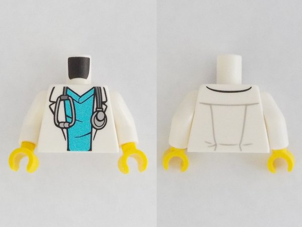 Torso Hospital Lab Coat over Medium Azure Scrubs, Silver Stethoscope Pattern / White Arms / Yellow Hands