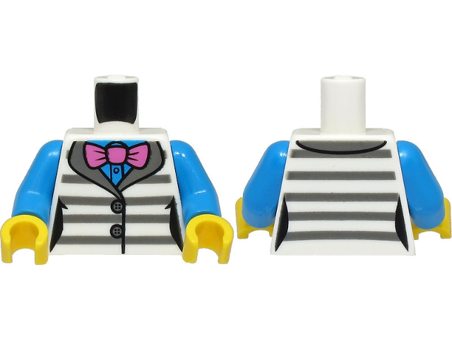 Torso Female Jacket with Dark Bluish Gray Prison Stripes over Dark Azure Shirt, Dark Pink Bow Tie Pattern / Dark Azure Arms / Yellow Hands