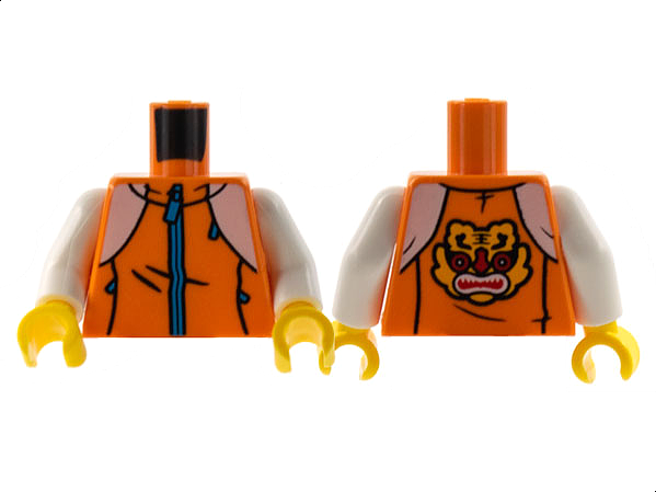 Torso Jacket, White Shoulders, Dark Azure Zippers, Bright Light Orange Tiger on Back Pattern / White Arms / Yellow Hands