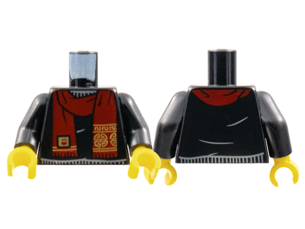 Torso Sweater, Dark Red Scarf with Gold Chinese Circles Pattern / Black Arms / Yellow Hands