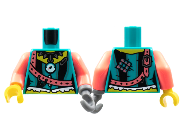 Torso Female Bodice, Silver Spike Necklace, Coral Shoulder Belt, Black Stripes Pattern / Coral Arms / Dark Bluish Gray Hook Left / Yellow Hand Right