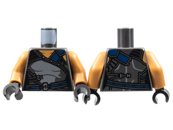 Torso Female Armor, Medium Nougat Neck, Dark Blue Shoulder Strap and Belt, Light Bluish Gray Center Panel Pattern / Medium Nougat Arms / Black Hands