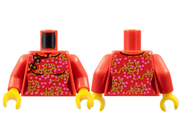 Torso Female Oriental Dress with Dark Pink Flowers on Gold Branches Pattern (BAM) / Red Arms / Yellow Hands