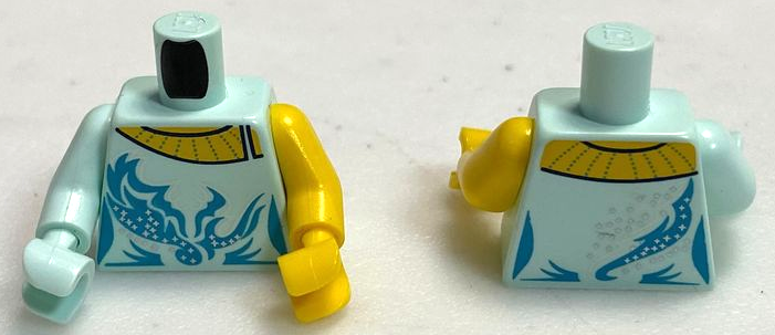 Torso Female Ice Skating Costume with Strap, Transparent Collar, Metallic Light Blue Decorations and Silver Sparkles, Yellow Neck Pattern (BAM) / Yellow Arm and Hand Left / Light Aqua Arm and Hand Right