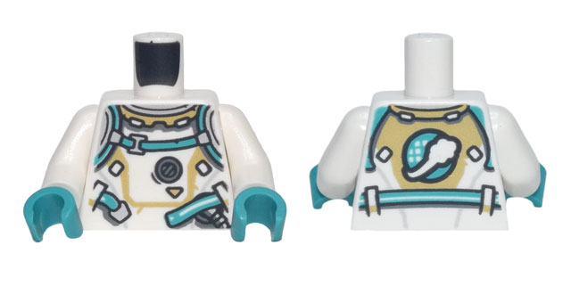 Torso Spacesuit Dark Turquoise Straps and Belt, Planet with White Cloud Symbol Pattern / White Arms / Dark Turquoise Hands