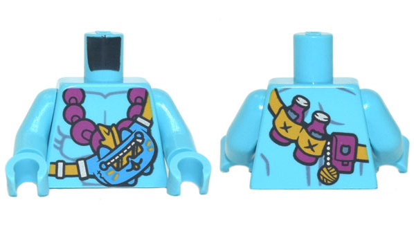 Torso Bare Chest, Magenta Beaded Necklace, Strap with Mo the Cat Pouch, Bottles, and Yarn Bauble Pattern / Medium Azure Arms / Medium Azure Hands