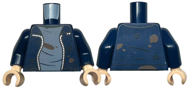 Torso Jacket Open with Silver Zipper, Sand Blue Shirt, Dark Brown Dirt Stains, and Scrapes Pattern / Dark Blue Arms / Light Nougat Hands
