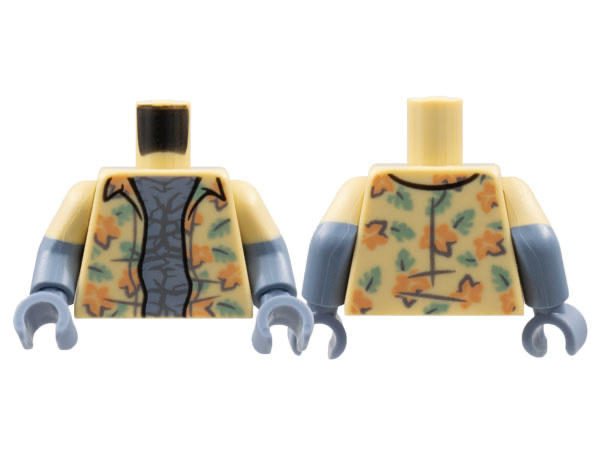 Torso Hawaiian Shirt, Nougat Flowers, Sand Green Leaves, Sand Blue Chest Pattern / Sand Blue Arms with Molded Tan Short Sleeves Pattern / Sand Blue Hands